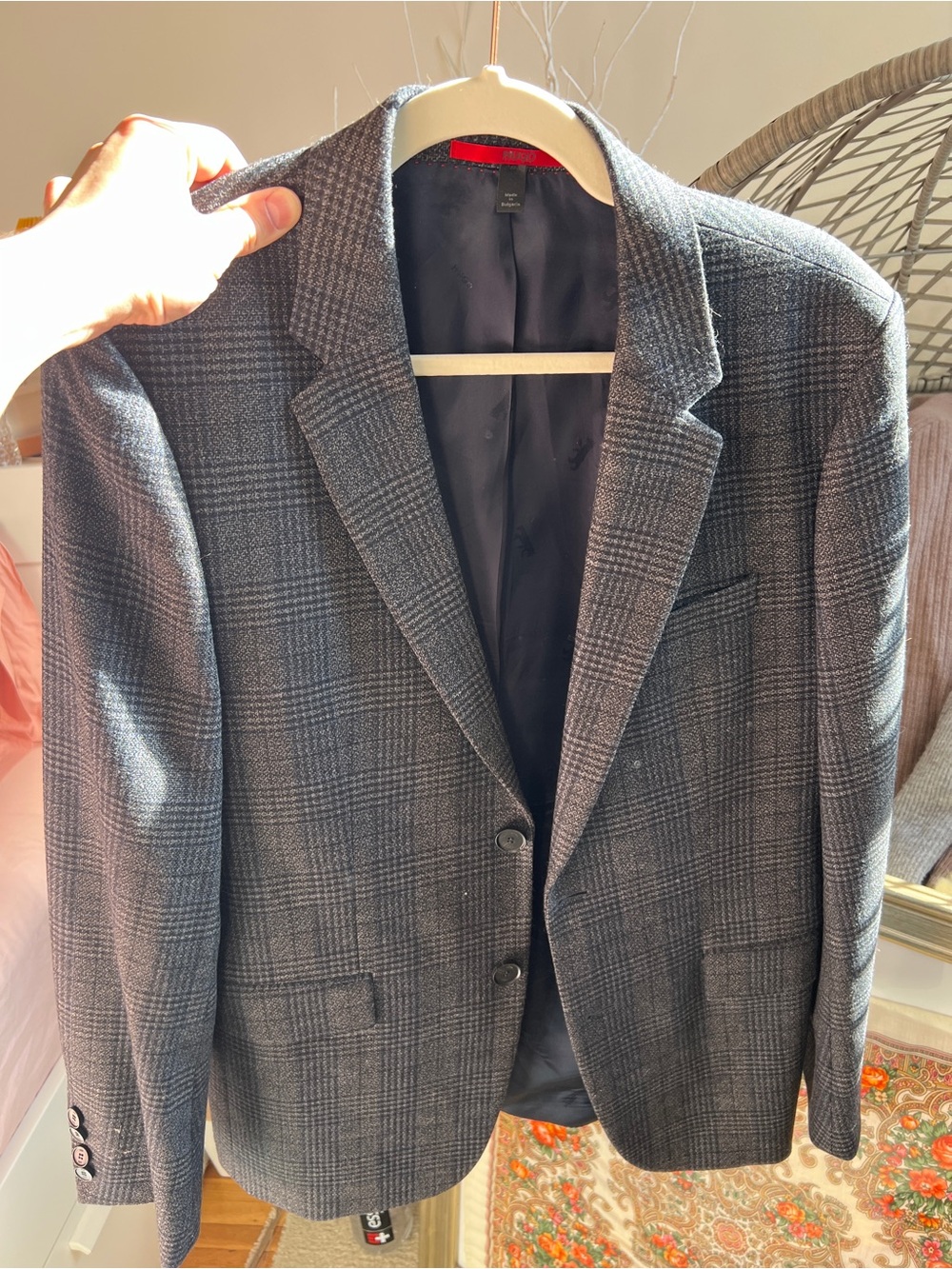 Boss Men's Grey Plaid Blazer - Classic Two-Button Suit Jacket